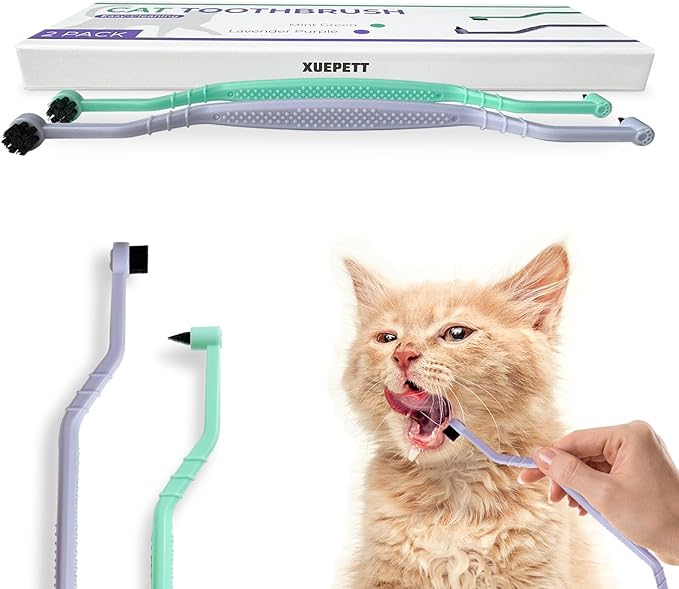 2 Pcs Dual Sided Cat Toothbrush with Micro Brush Head, Anti-Slip Curved Handle, Designed for Small Pets Eliminates Bad Breath and Reduces Plaque Tartar Formation