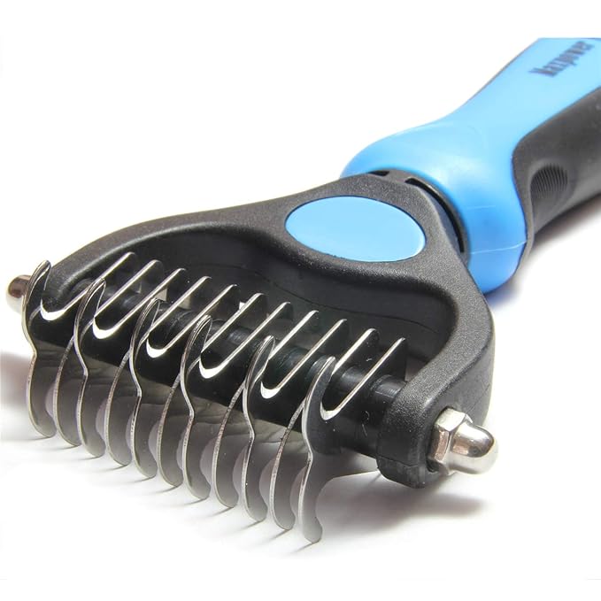 Maxpower Planet Pet Grooming Brush - Double Sided Shedding, Dematting Undercoat Rake for Dogs, Cats. Extra Wide Dog Grooming Brush, Dog Brush for Shedding, Cat Brush, Reduce Shedding by 95% (Blue, S)