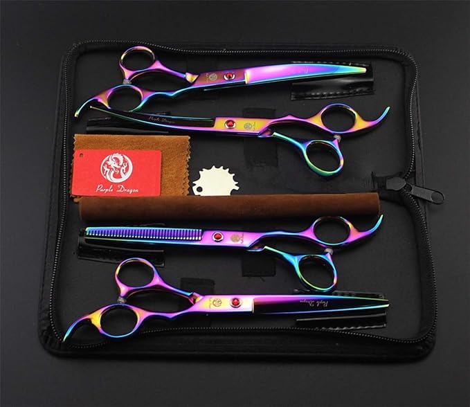 Purple Dragon Professional 7.0 inch 4PCS Pet Grooming Scissors Kit Japan Premium Steel Straight & Curved & Thinning Blade Dog Hair Cutting Shears Set with Case