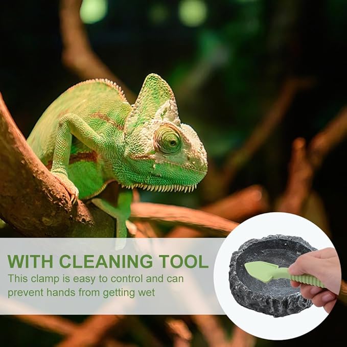 Reptile Bowls, 2 Pcs Reptile Feeding Dish with Clamp & Shovel, Resin Rock Reptile Water & Food Bowls, Amphibian Reptile Feeding Terrarium Bowls for Gecko Lizard Spider Scorpion Chameleon