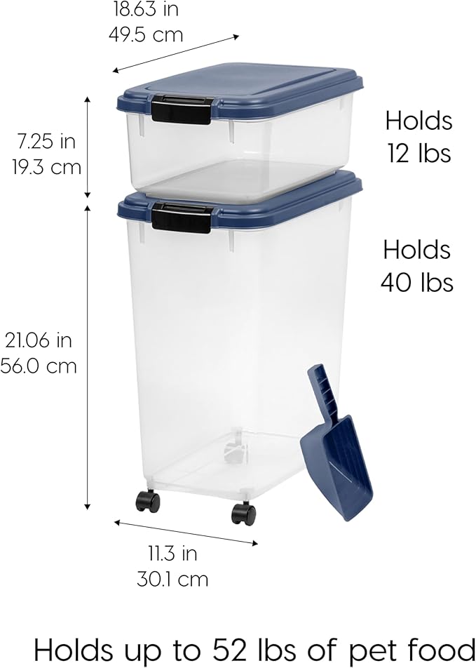 IRIS USA 40 lbs & 14 lbs Combo Airtight Dog Food Storage Container, Stackable Treat Box, 2-Cup Scoop, Wheels, Keep Fresh, Easy Mobility, Navy