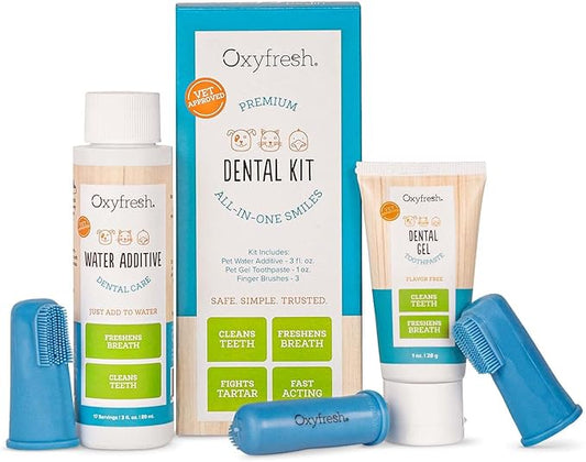 Oxyfresh Premium Pet Dental Kit for Dogs & Cats – Easy Solution for Pet Fresh Breath, Clean Teeth, Control Plaque & Tartar – Vet Formulated Pet Toothpaste, 1oz + Water Additive, 3oz + 3 LG Brushes Kit