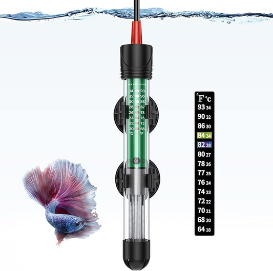 Uniclife Aquarium Heater 25W/50W/100W/200W Adjustable Submersible Heating Rod with Electronic Thermostat LED Indicator Light and Thermometer Sticker for Freshwater Marine Fish Tanks