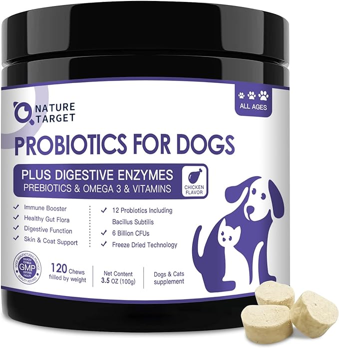 Probiotics for Dogs, 6 Billion CFUs, Freeze Dried Dog Probiotics with Prebiotics and Digestive Enzymes, Vitamins and Omega 3, for Gut & Skin & Immune Health, Allergy Itch Relief, Reduce Diarrhea, Gas