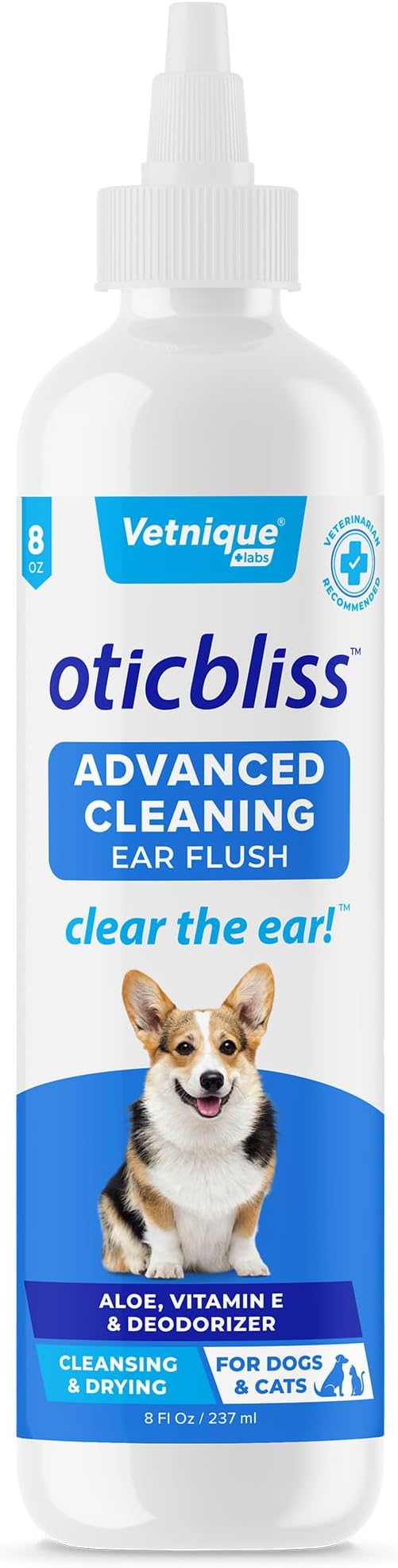 Vetnique Labs Oticbliss Ear Cleaner Wipes/Flushes for Dogs & Cats with Odor Control and Itch Relief Reduces Head Shaking - Clear The Ear