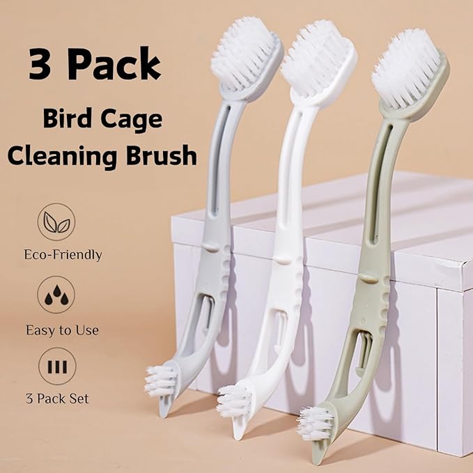 3 Pack Bird Cage Cleaner with Two Brush Heads Long Handle Tool Bird Cage Cleaning Brushes Kit for Bird Parrot Cages Kennels Perches (3 Pack)