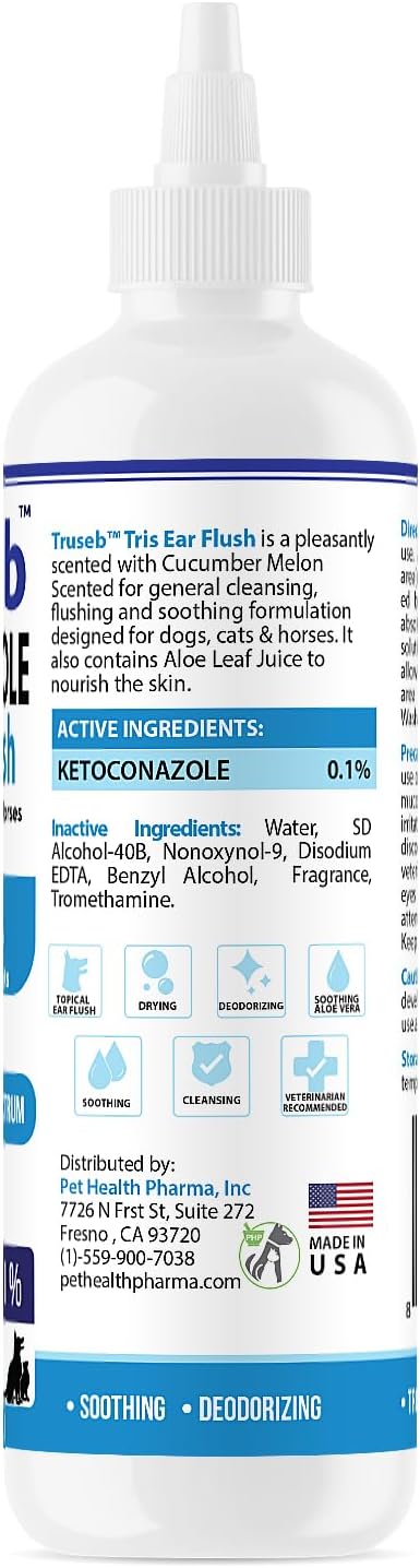 Truseb | Dog Ear Flush Ketoconazole Dog Ear Wash, Cats and Horses, Ketoconazole Tris Ear Flush for Dogs (12 oz) Made in U.S.A (Ketoconazole Ear Flush, 12 oz)