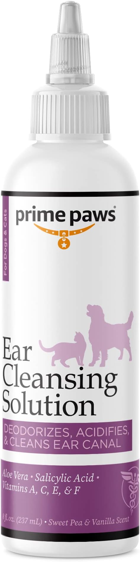 Ear Cleansing Solution for Dogs and Cats - Pet Ear Cleaner Removes Odor & Wax - Deodorizing Dog Ear Cleaner Solution with Aloe & Vitamins - Sweet Pea & Vanilla Scent - 8 oz