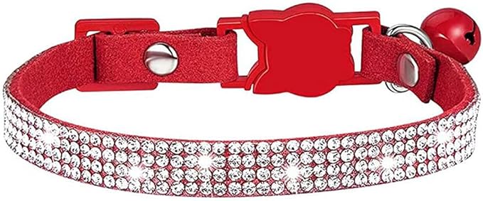 Cat Collars,Rhinestone for Girl Cats Bling Kitten Flower Adjustable Breakaway Collar with Bell Soft Velvet Leather Collar for Puppy Small Dogs (Red)