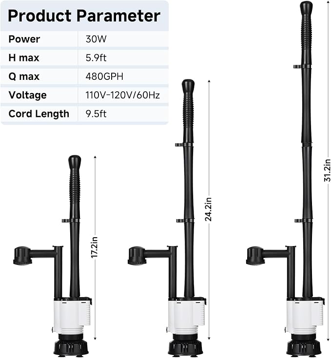 AQQA Fish Tank Cleaner,8-in-1 Electric Aquarium Gravel Vacuum,Clean Sewage+Wash Gravel Sand+Suction Stool+Filter+Water Changer+Water+Water Circulation+Dissolved Oxygen for Turtle Fish Tank 30W/480GPH