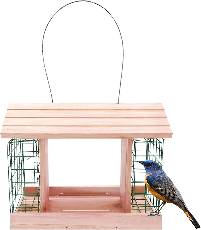 Wooden Bird Feeders with 2 Suet Cages, Large Capacity Handmade Wildbird Feeder for Outside Hanging, Pink