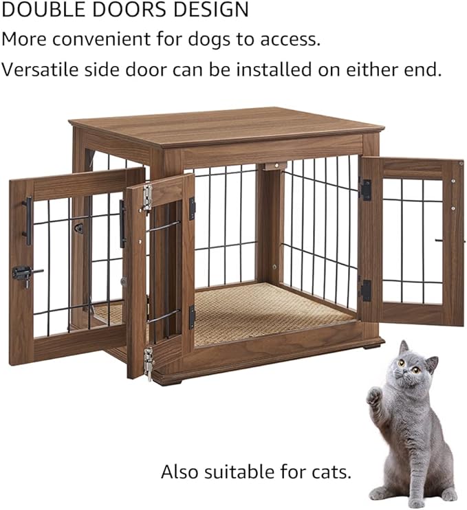 beeNbkks Furniture Style Dog Crate End Table, Double Doors Wooden Wire Dog Kennel with Pet Bed, Decorative Pet Crate Dog House Indoor Medium Large