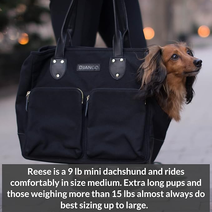 DJANGO Dog Carrier Bag - Waxed Canvas and Leather Soft-Sided Pet Travel Tote with Bag-to-Harness Safety Tether & Secure Zipper Pockets (Medium, Black)