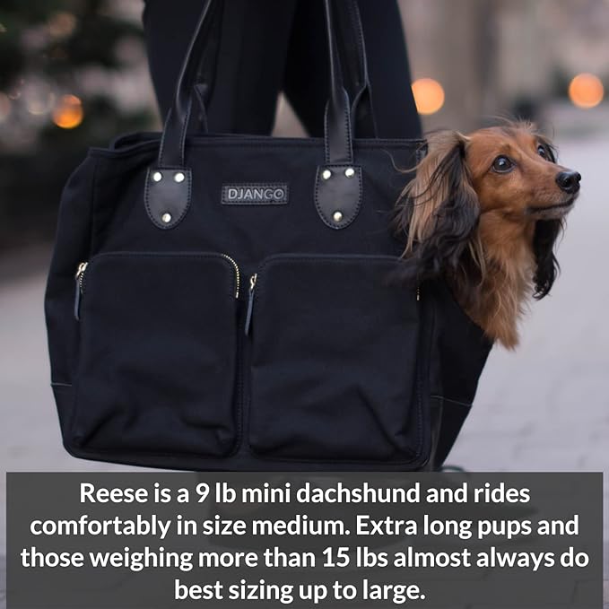 DJANGO Dog Carrier Bag - Waxed Canvas and Leather Soft-Sided Pet Travel Tote with Bag-to-Harness Safety Tether & Secure Zipper Pockets (Large, Black)