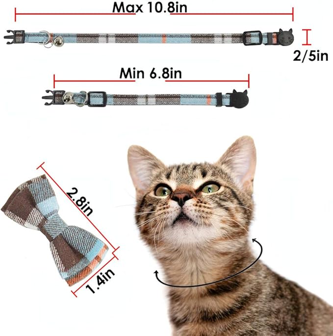 Cat Collar Breakaway with Bell and Bow Tie, Plaid Design Adjustable Safety Kitty Kitten Collars Set of 2 PCS (6.8-10.8in) (Green&Light Blue Brown)