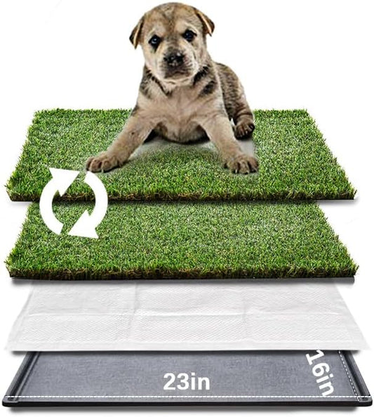 HQ4us Dog Grass Pad with Tray Small 23" x 16" Dog Litter Box Toilet for Puppy with 2×Artificial Grass for Dogs with Hemmed Edge, Pee Pads for Dogs, Realistic, Less Stink, Potty for Balcony