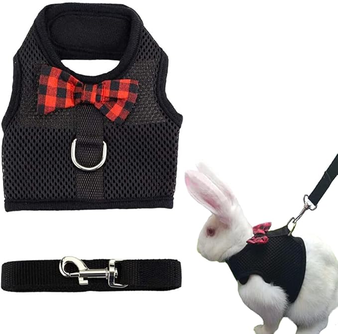 ASOCEA Adjustable Bunny Harness and Leash Soft Pet Harness Vest Cloth Lead for Small Animals Rabbits Ferret Kitten Black