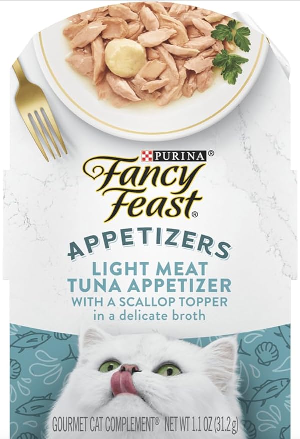 Fancy Feast Appetizers for Cats Variety Pack/2 of each-12 Total/Chicken, Tuna, Salmon, Ocean Fish/Bundle includes-100% Bonito Fish Flakes Topper & Catnip Ball Toy