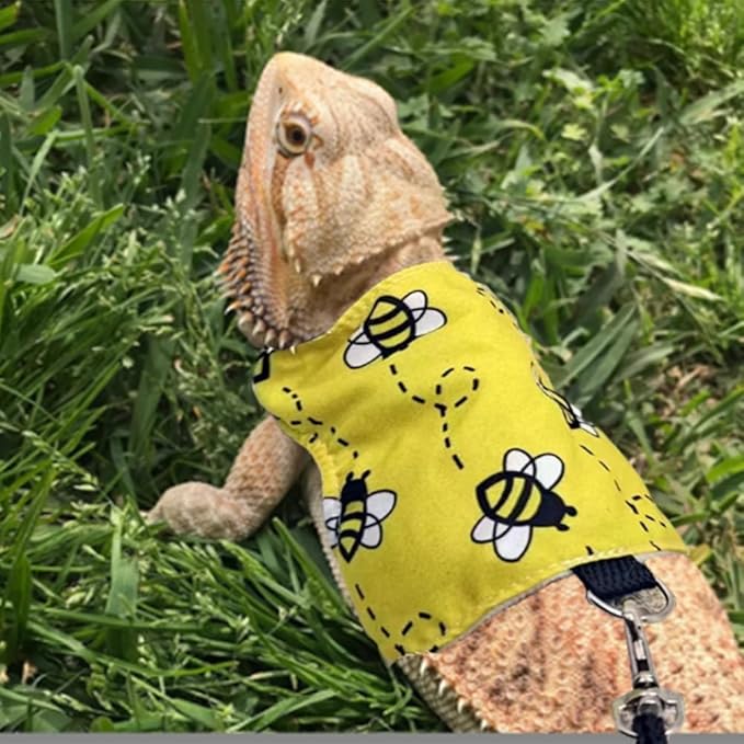 Lizard Clothes with Leash for Real Lizard,Bearded Dragon Harness and Leash Set,Leopard Gecko Costume,Reptile Hoodies Apparel for Skin Protection (Bee)