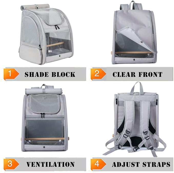 Bird Backpack, Bird Travel Carrier with Stand Perch, Airline Approved Grey Bird Backpack Carrier