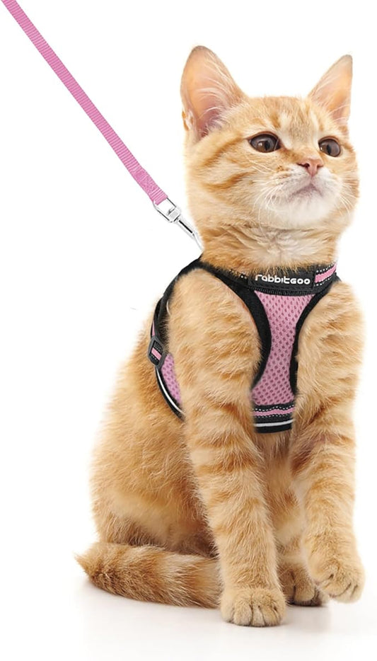 rabbitgoo Cat Harness and Leash Set for Walking Escape Proof, Adjustable Soft Kittens Vest with Reflective Strip for Cats, Comfortable Outdoor Vest, Pink, M