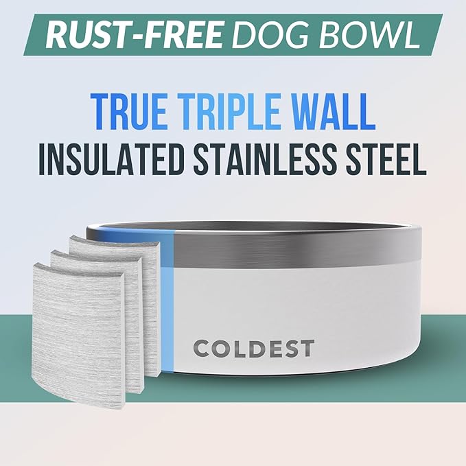 Coldest Dog Bowl - Anti Rust Metal & Non Slip Dog Bowls Large, Spill Proof Heavy Duty 3 Layers Insulated Dog Bowl - Food and Water Bowl for Dogs, Cats & Pets, Dishwasher Safe (64 oz, Epic White)