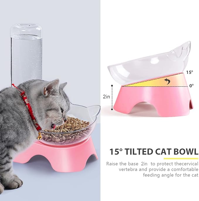 MILIFUN Double Dog Cat Bowls - Pets Water and Food Bowl Set, 15°Tilted Water and Food Bowl Set with Automatic Waterer Bottle for Small or Medium Size Dogs Cats