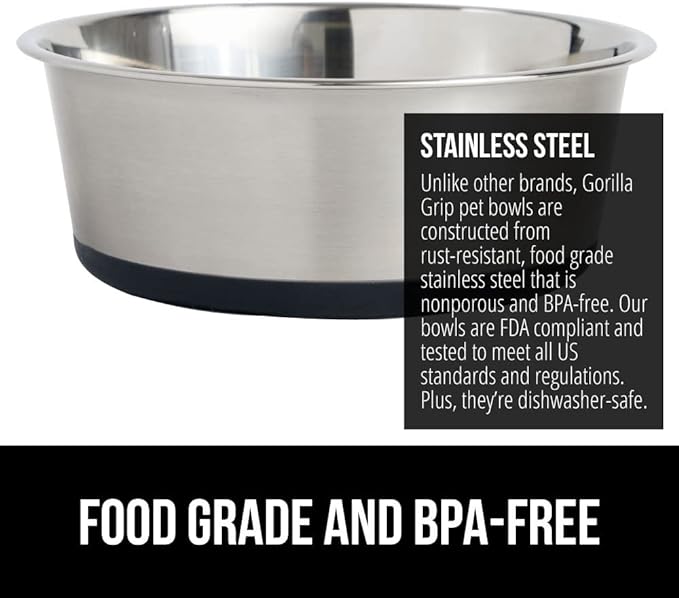 Gorilla Grip Stainless Steel Metal Dog Bowl Set of 2, Rubber Base, Heavy Duty Feeding Dishes, Food Grade BPA Free, Less Sliding, Quiet Pet Bowls for Cats and Dogs, Holds 3 Cups (24 fl oz), Black