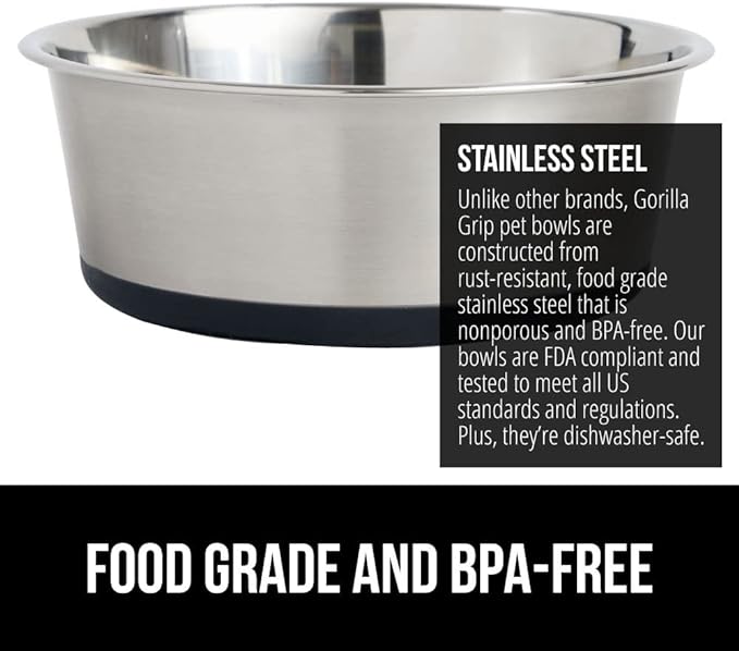 Gorilla Grip Stainless Steel Metal Dog Bowl Set of 2, Rubber Base, Heavy Duty Feeding Dishes, Food Grade BPA Free, Less Sliding, Quiet Pet Bowls for Cats and Dogs, Holds 8 Cups (64 fl oz), Black