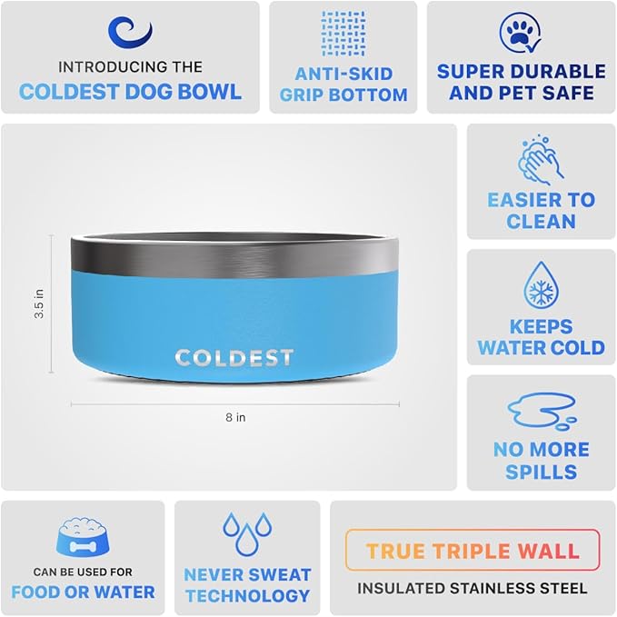 Coldest Dog Bowl - Anti Rust Metal & Non Slip Dog Bowls Large, Spill Proof Heavy Duty 3 Layers Insulated Dog Bowl - Food and Water Bowl for Dogs, Cats & Pets, Dishwasher Safe (64 oz, Celestial Blue)