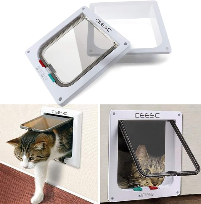 CEESC Cat Flap Door Magnetic Pet Door with 4 Way Lock for Cats, Kitties and Kittens, 2 Sizes and 2 Colors Options (L- Inner size: 7.08"(W) x 7.48"(H), White)