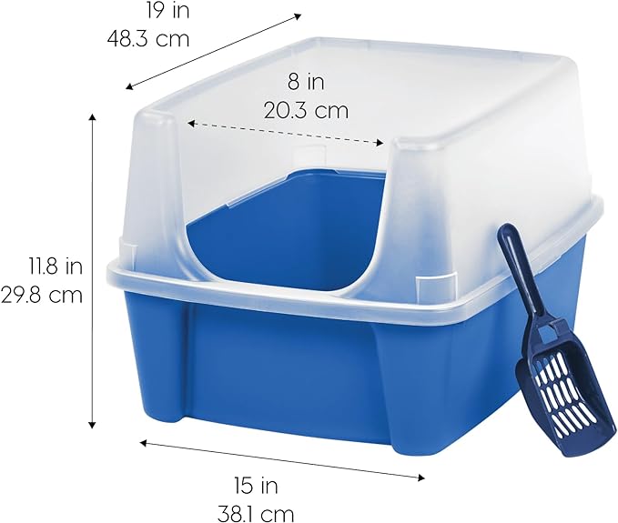 IRIS USA Large Cat Litter Box with Scatter Shield and Scoop, Open Top High Sided Cat Litter Pan, Blue