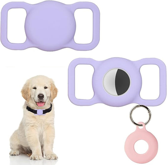 PuppyDoggy 2 Pack Holder for Collar, Dog Cat Case, Silicone Case Waterproof, Scratch-Resistant, Anti-Lost & 1 Pack Keychain Holder for Bag, Suitcase (Large, Purple)