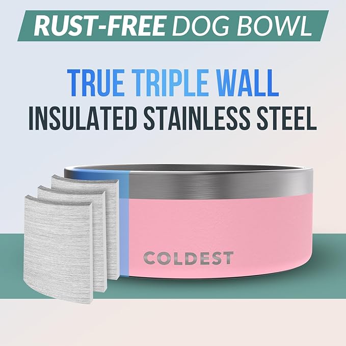 Coldest Dog Bowl - Anti Rust Metal & Non Slip Dog Bowls Large, Spill Proof Heavy Duty 3 Layers Insulated Dog Bowl - Food and Water Bowl for Dogs, Cats & Pets, Dishwasher Safe (64 oz,Cotton Candy Pink)