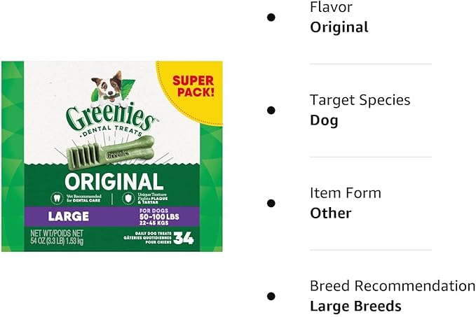 Greenies Original Large Natural Dental Care Dog Treats, 54 oz. Pack (34 Treats)
