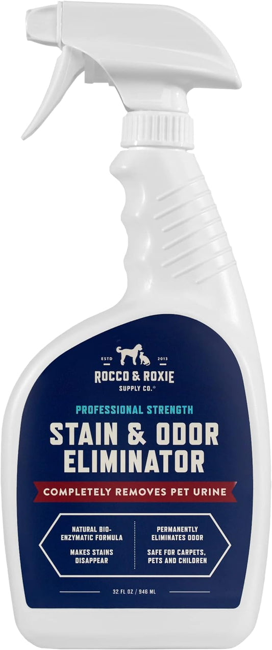 Rocco & Roxie Supply Co. Stain & Odor Eliminator for Strong Odor, 32oz Enzyme Pet Odor Eliminator for Home, Carpet Stain Remover for Cats & Dog Pee, Enzymatic Cat Urine Destroyer, Carpet Cleaner Spray