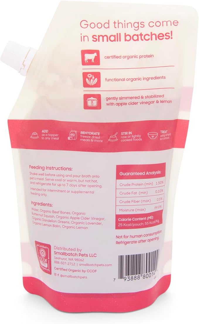 smallbatch Pets Shelf Stable Bone Broth, Organic Beef Recipe with Prebiotics & Adaptogen-Inspired Ingredients, Topper for Dogs - 16 Ounce