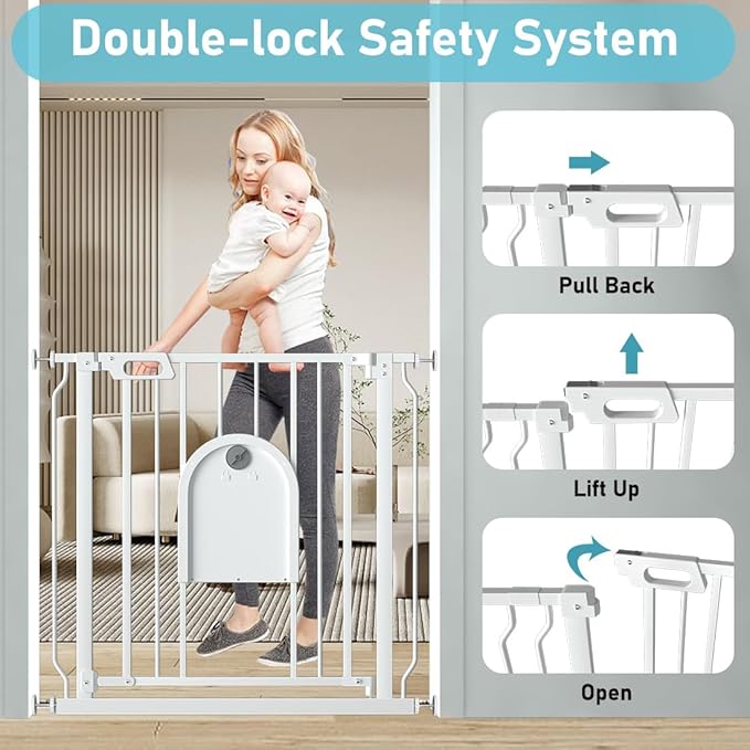 Baby Gate with Cat Door,29.5"-62" Extra Wide Pet Gates with Door Walk Thru, Auto Close Child Safety Gate for Doorways Stairs, Pressure Mounted Metal Dog Gate with Pet Door Adjustable, White