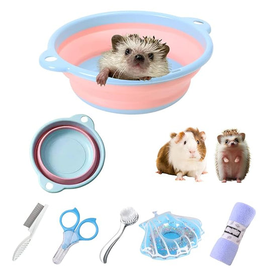 6 Pcs Hedgehog Bath Supplies Kit, Foldable Bathtub and Cleaning Brush with Pet Hair Comb, Pet Nail Clipper, Swimming Ring, Towel for Small Animal Hamster, Bunny, Guinea Pig, Lizards, Turtle