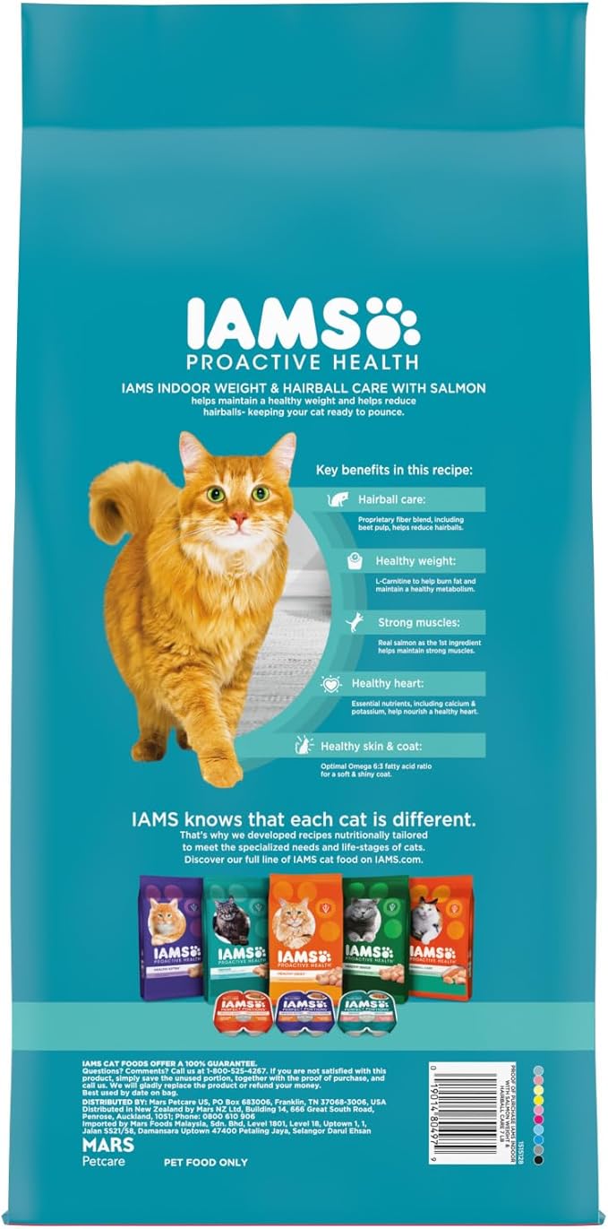 IAMS Proactive Health Adult Indoor Weight & Hairball Care Dry Cat Food with Salmon, 7 lb. Bag