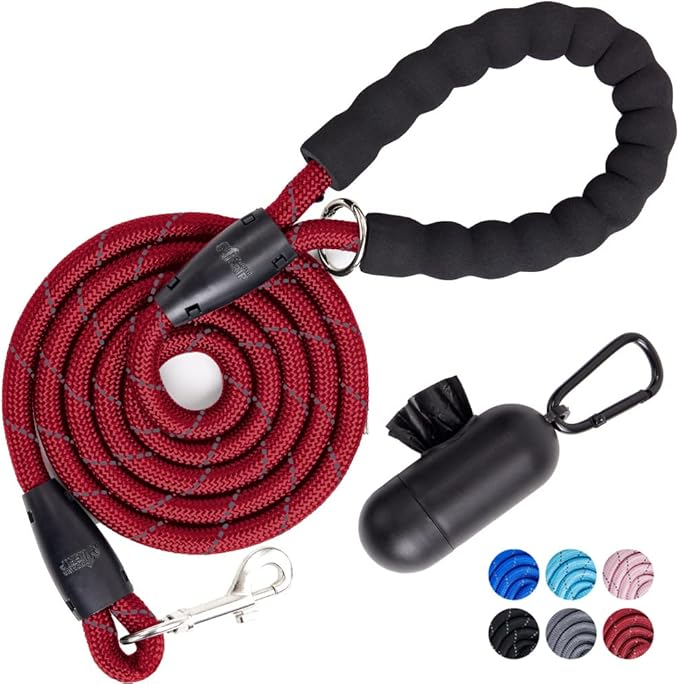 Gorilla Grip Heavy Duty Dog Leash, Soft Handle, Strong Reflective Rope for Night Pet Walking, Small Medium Large Animals, Durable Puppy Training Leashes, Rotating Metal Clip, Waste Bag Dispenser, Red