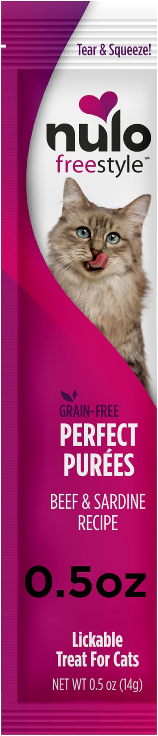 Nulo Freestyle Grain-Free Perfect Purees Premium Wet Cat Treats, Squeezable Meal Topper for Felines, High Moisture Content to Support Cat Hydration, 0.5 Ounce, Beef & Sardine