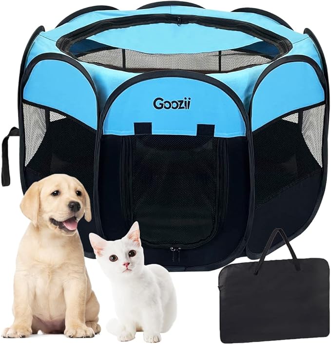 Portable Dog Playpen Indoor Outdoor, Collapsible Pet Dog Playpen with Zipper Top Cover, Cat Puppy Bunny Kitten Exercise Play Pen Tent for Beach RV Car (Medium Size,Black Blue)