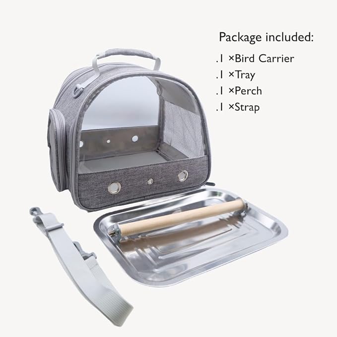 Bird Travel Carrier with Stand Perch and Stainless Tray,Portable Small Bird Parrot Parakeet Cockatiel Carrier for Hiking,Airline Approved. (Grey)