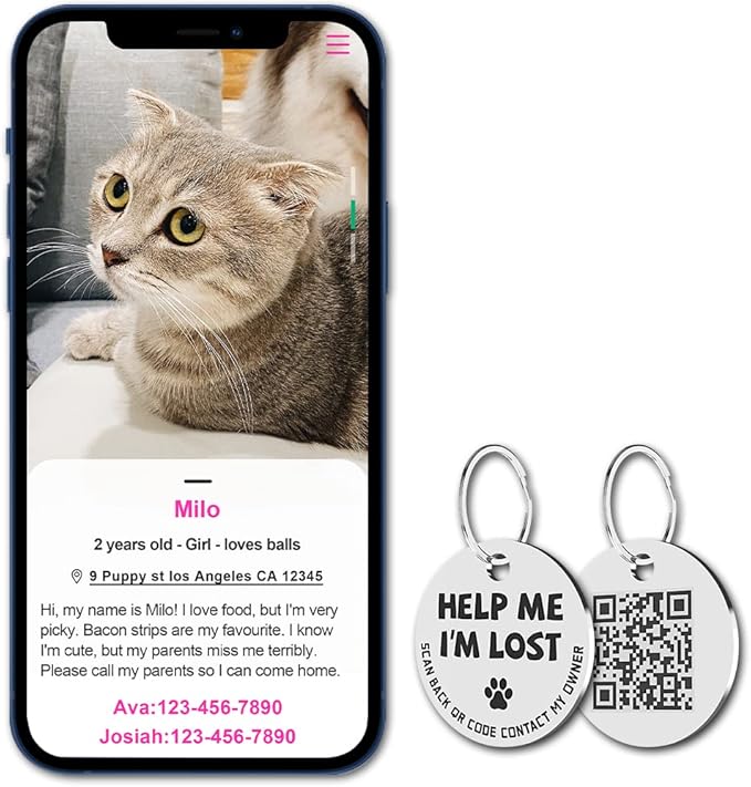 MYLUCKYTAG Stainless Steel QR Code Pet ID Tags Cat Tags - Pet Online Profile - Scan QR Receive Instant Pet Location Alert Email