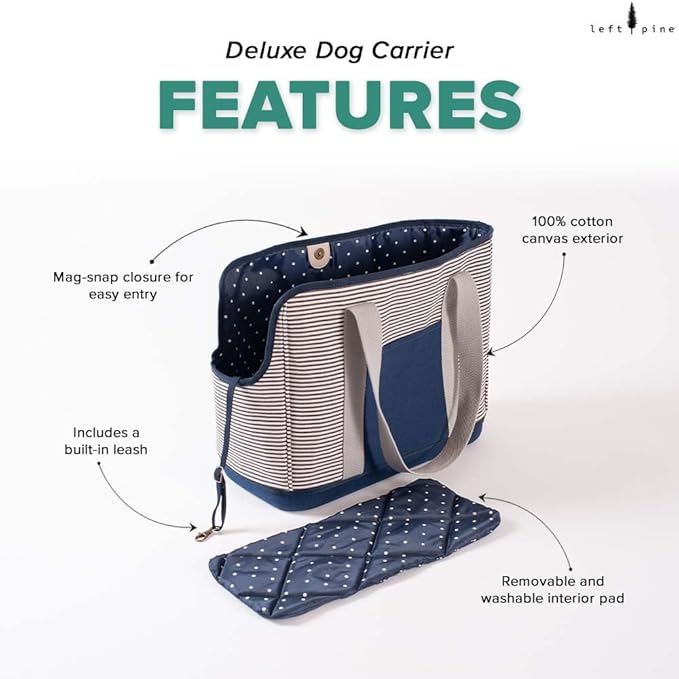 LeftPine x P.L.A.Y. Deluxe Dog Carrier Purse - Soft Sided Pet Travel Tote for Small Dogs & Puppies with Built-In Safety Leash - Machine Washable Liner, Exterior Pocket, Magnetic Closure (Navy Striped)