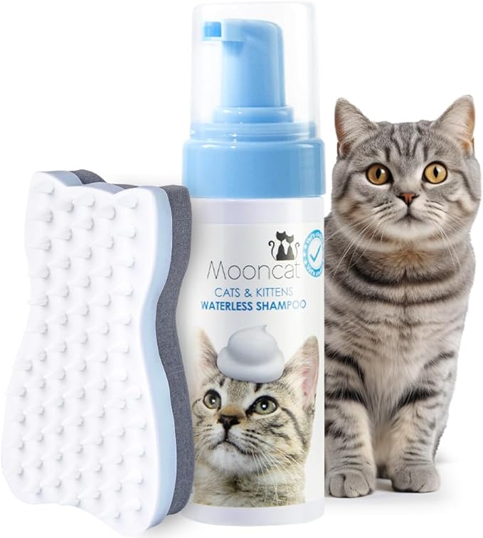 Mooncat Waterless Cat Shampoo+Cat Brush, Licking Safe Dry Shampoo for Cats, No Rinse Foam Cat Bath, Grooming for Cat, Kitten Sensitive Skin, Dander Reducing, Paraben Free, pH Balanced (5 oz)