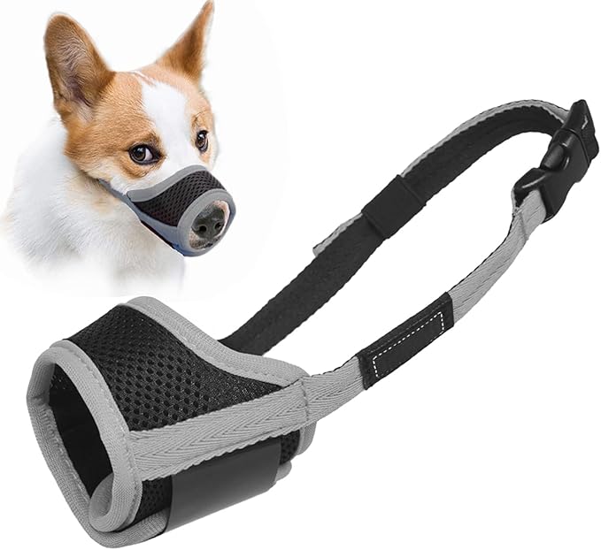 LUCKYPAW Dog Muzzle Anti Biting Barking and Chewing with Comfortable Mesh Soft Fabric and Adjustable Strap, Suitable for Small, Medium and Large Dogs(Gray Trim,M)