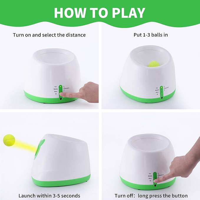 Automatic Ball Launcher for Dogs, 4 Launch Distance Modes, 2-inch Small Balls Included, Suitable for Small to Medium Sized Dogs (Green with tennis balls)