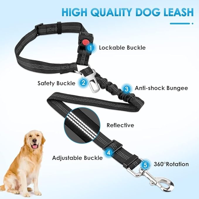 Retractable Dog Car Harness, Adjustable 3-in-1 Pets Car Seat Belt with Elastic Bungee Buffer, Durable Heavy Duty Car Leash Safety Restraint for Dogs